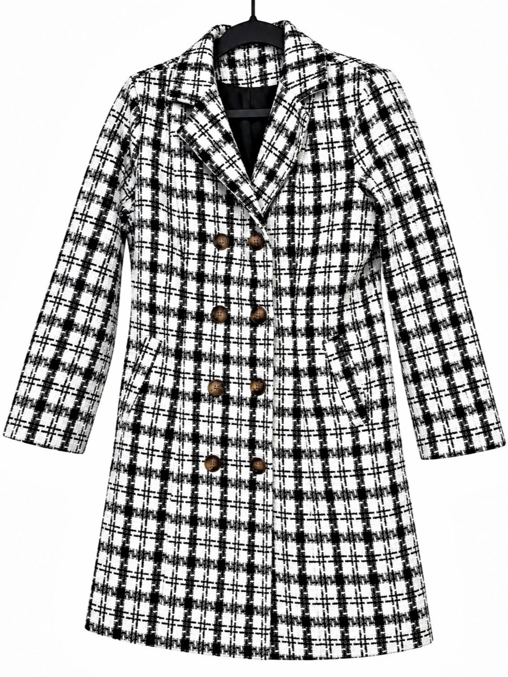 Fedna Chic Collection Black & White Plaid Double-Breasted Coat